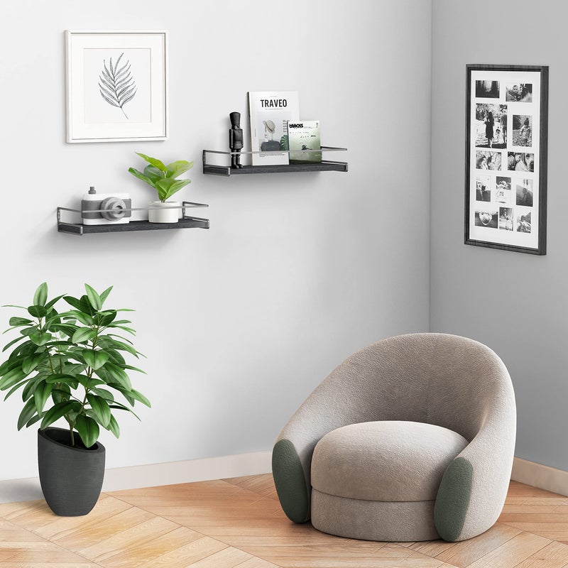 Forbena Black Floating Shelves for Bathroom Wall Set of 2, Kitchen Spice Rack Wall Mount, Modern Wood Hanging Wall Shelves for Bedroom Organizer, Restroom Pantry Closet Storage (Grey-Black) - Image 5