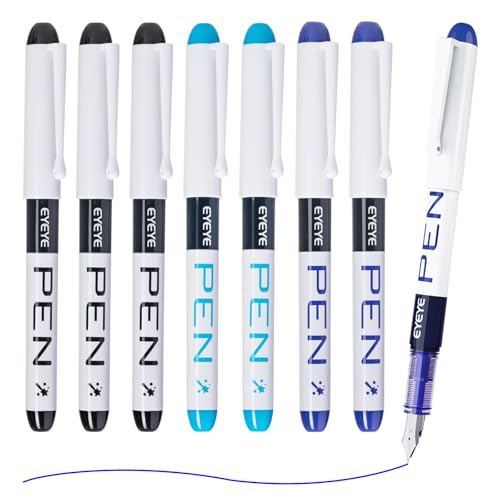 EYEYE Disposable Fountain Pens, 8 Pack 3 Colors Fine Point Pens Stainless Steel Nib, Fountain Pens Smooth Writing for Journaling, Drafting, Sketching, Doodling & Office Supplies - Image 1