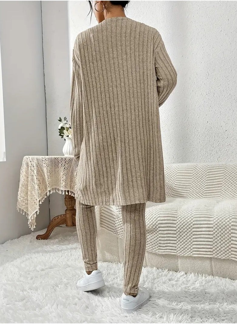 Generic A Set Consisting Of 3 Pieces Khaki Color The First Piece Is A Long Cardigan Jacket With Open Front And Long Sleeves The Second Piece Is A Shirt With Thin Straps And An Open Neck Collar And The Third Piece Is Pants With A Tie At The Waist Crocheted And Wool Size XL  - Image 2