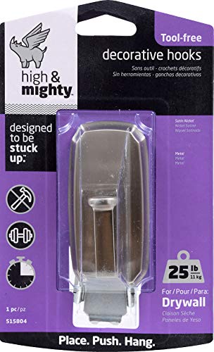 HIGH & MIGHTY 515804 Decorative Metal Hook, Easy Tool-Free Dry Wall Installation, Scalloped, Holds up to 25lb, Satin Nickel - Image 3