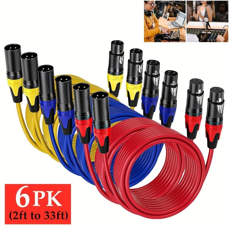 6 قطع كابل ميكروفون محترف متوازن من ذكر XLR إلى أنثى، طول 6 أقدام، أحمر أزرق أصفر - Image 5