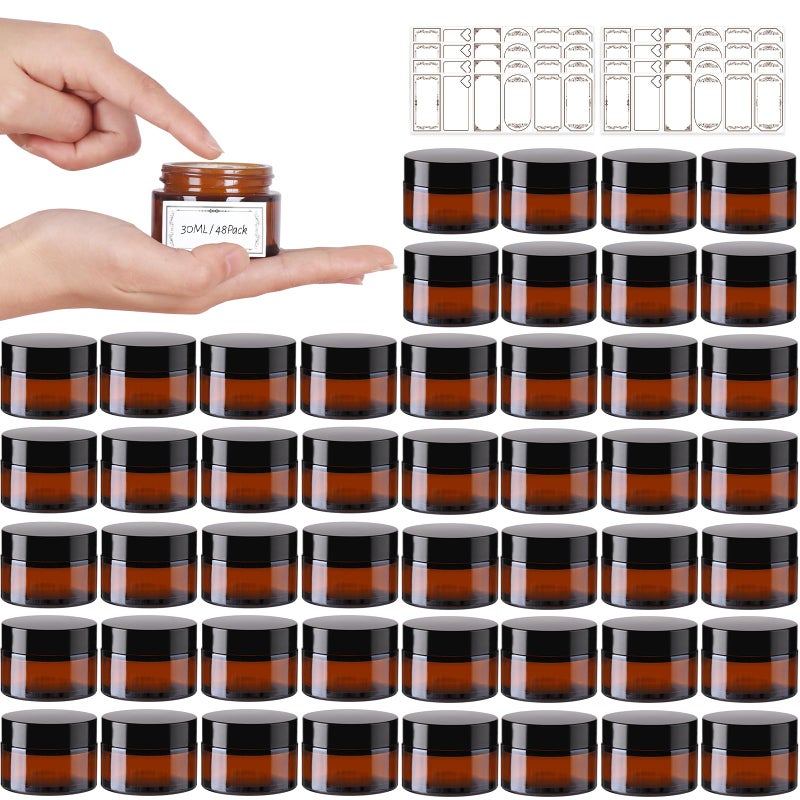 AuroTrends 1 oz Glass Jars with Lids 48Pack- Mini Amber Glass Jar/Cosmetic Containers with UV Protection,Travel Labels (30ml, Set of 48) - Image 1