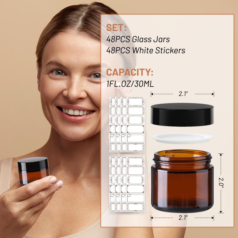 AuroTrends 1 oz Glass Jars with Lids 48Pack- Mini Amber Glass Jar/Cosmetic Containers with UV Protection,Travel Labels (30ml, Set of 48) - Image 5