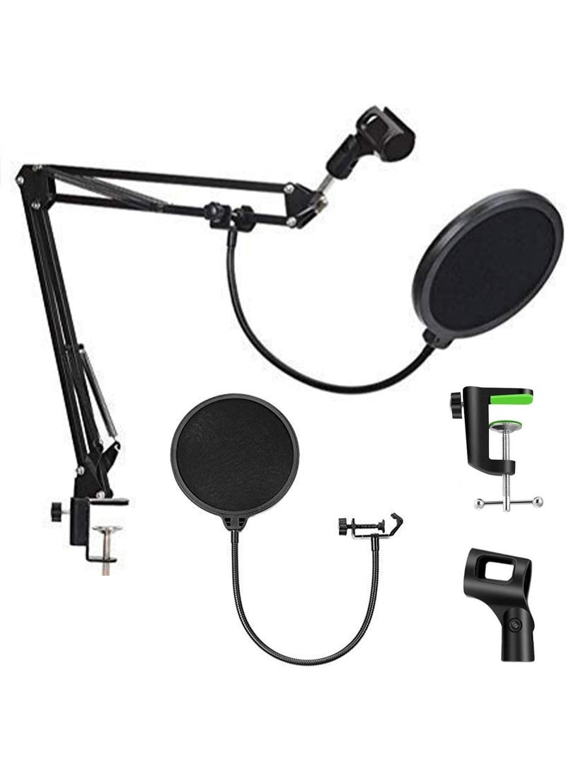 NB35-POP Suspension Boom Scissor Microphone Arm Stand with POP Filter | Universal clamp with mic holder & 3/8″ to 5/8″ adapter for shock mounts | Suitable for stages, studios 