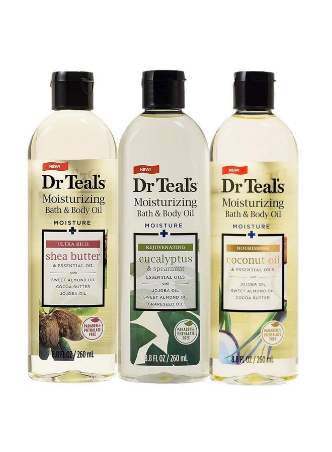 دكتور تيل مجموعة هدايا متنوعة من زيوت الاستحمام والجسم من دكتور تيلز (عبوة من 3 قطع، 8.8 أونصة) - زيت الأوكالبتوس المنعش، وزبدة الشيا الغنية جدًا، وزيت جوز الهند المغذي - زيوت عطرية ترطب البشرة وتخفف التوتر - Image 1