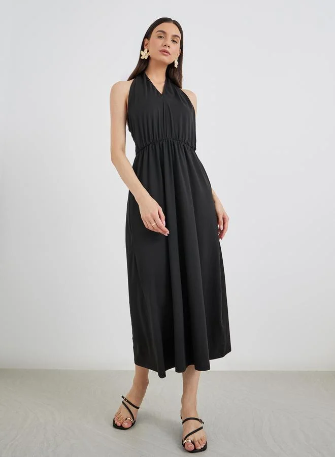 Take Two Take Two Solid Halter Neck Sleeveless Midi Dress