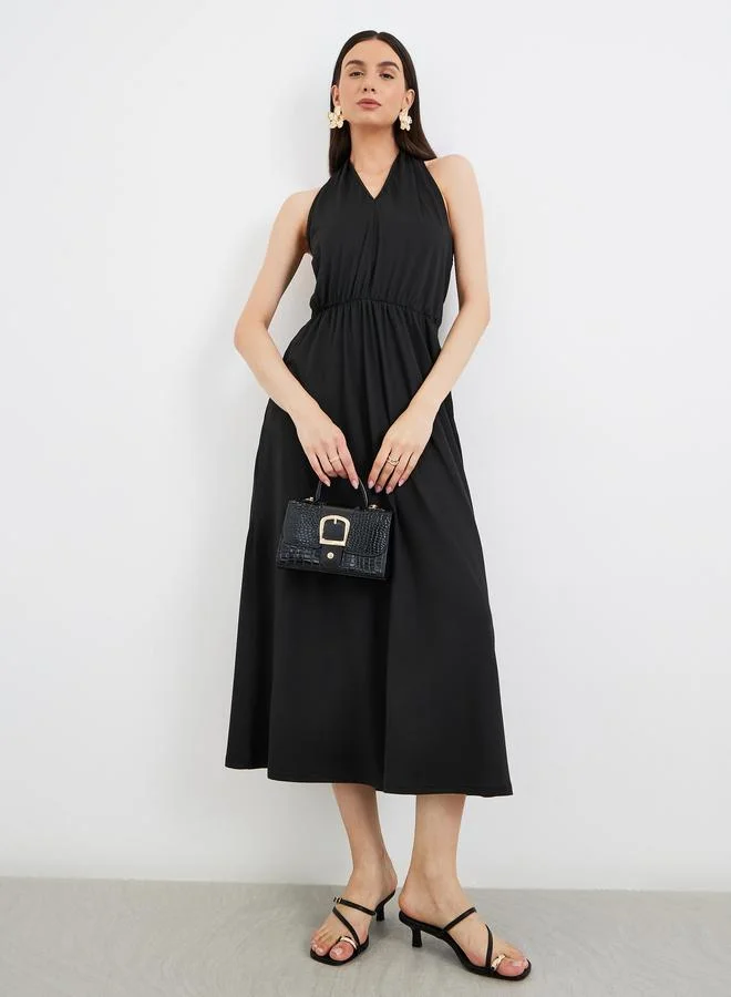 Take Two Take Two Solid Halter Neck Sleeveless Midi Dress