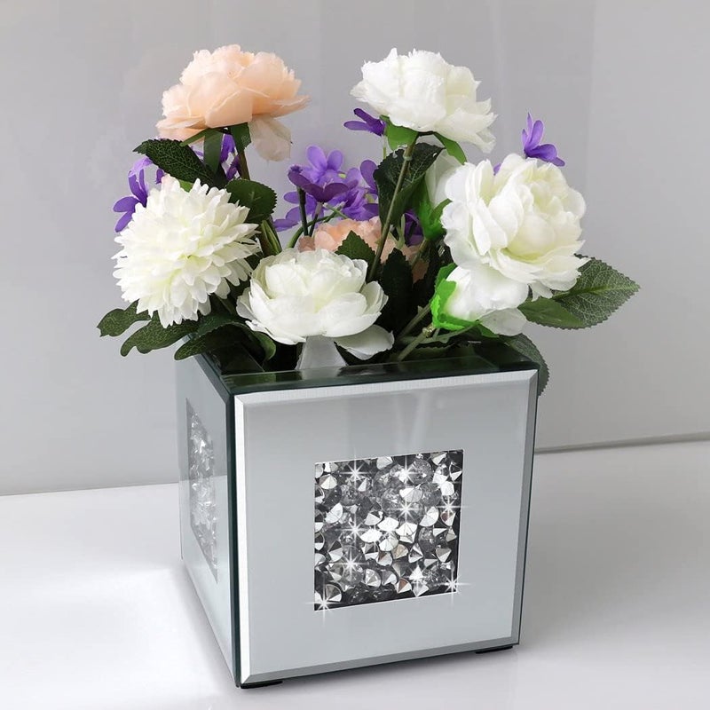 ALLARTONLY General purpose premium build Crushed Diamond Mirrored Vase 6x6x6 inch Crystal Silver Glass Stunning Decorative Vase Flower Luxury for Home Decor. Can’t Hold Water. Hanging space save - Image 4