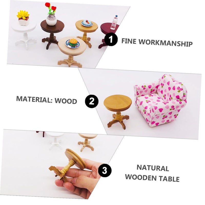 Miniature Dollhouse Round Table Natural Wood Desk Photo Prop Retro Decor - Image 4