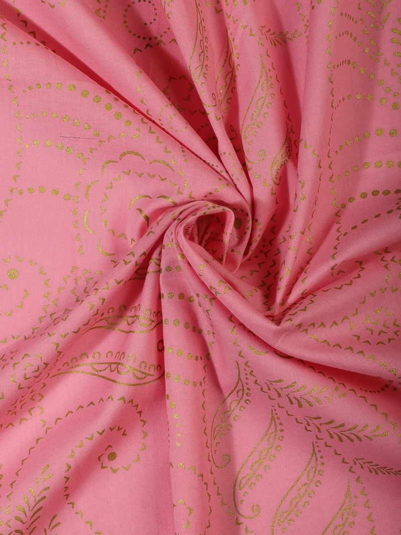 AKS Pink Foil Paisley Print Fabric, One Meter