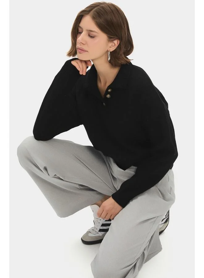 جون June Women Polo Neck Button Detailed Knitwear Sweater Black