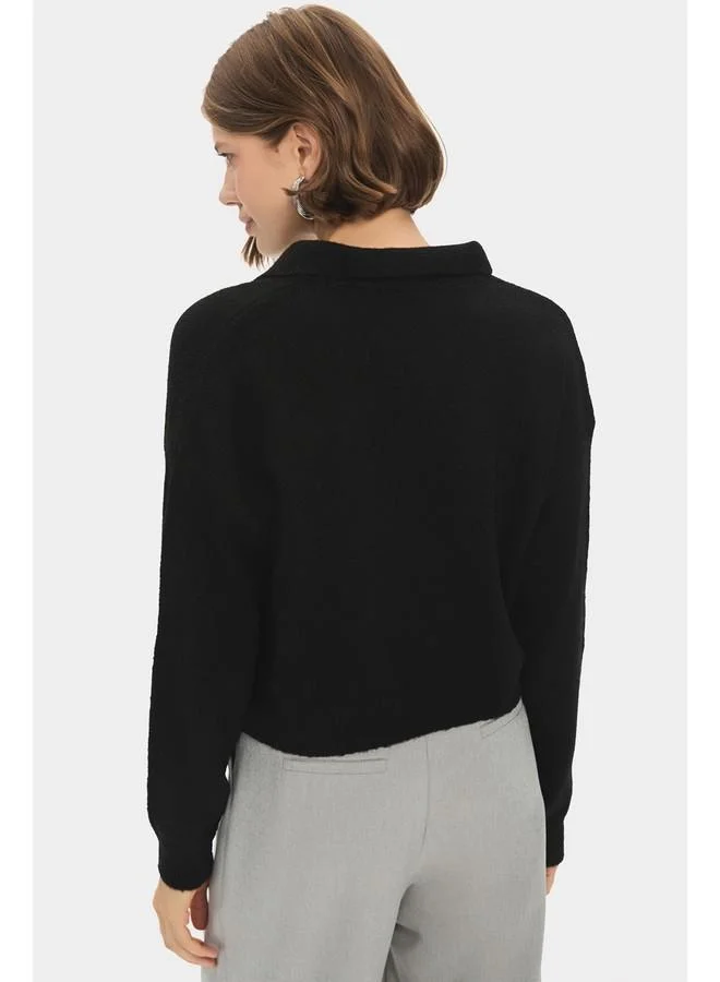 جون June Women Polo Neck Button Detailed Knitwear Sweater Black