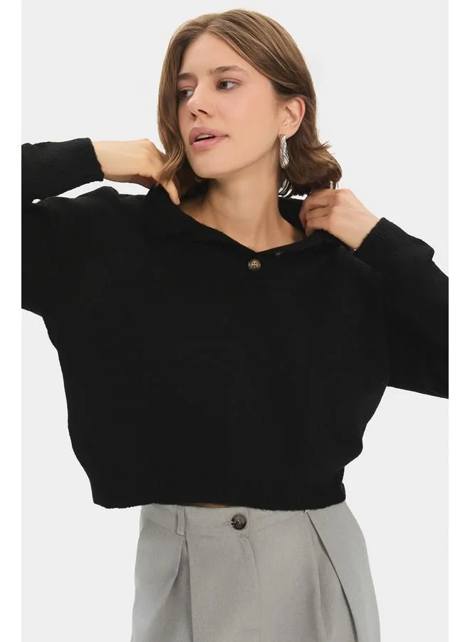 جون June Women Polo Neck Button Detailed Knitwear Sweater Black