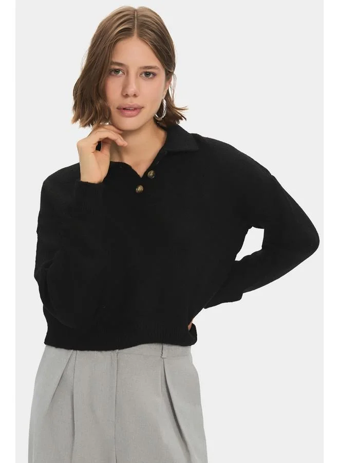 جون June Women Polo Neck Button Detailed Knitwear Sweater Black