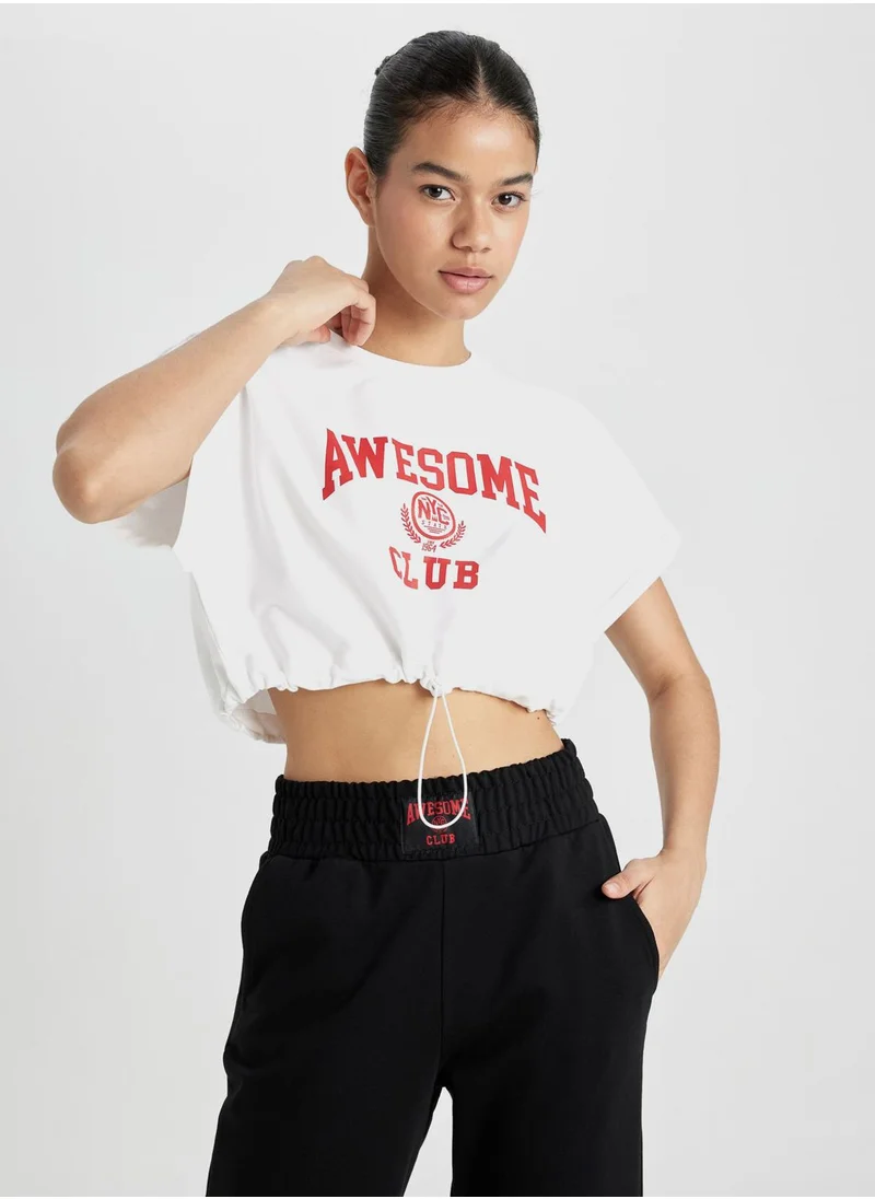 DeFacto Crop Crew Neck Slogan Short Sleeve T-Shirt