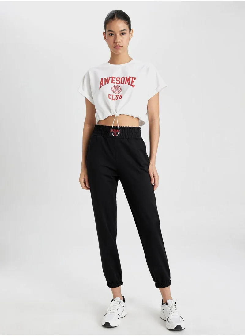 DeFacto Crop Crew Neck Slogan Short Sleeve T-Shirt