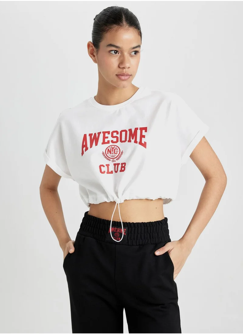 DeFacto Crop Crew Neck Slogan Short Sleeve T-Shirt
