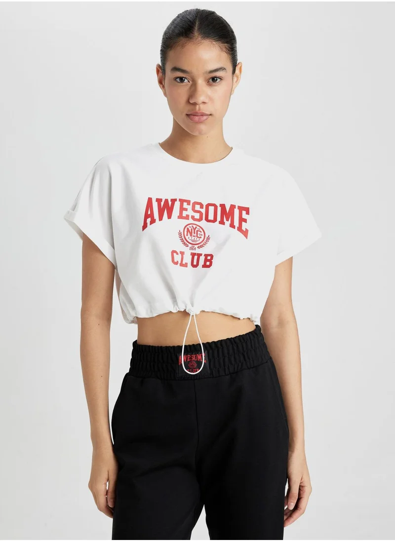 ديفاكتو Crop Crew Neck Slogan Short Sleeve T-Shirt