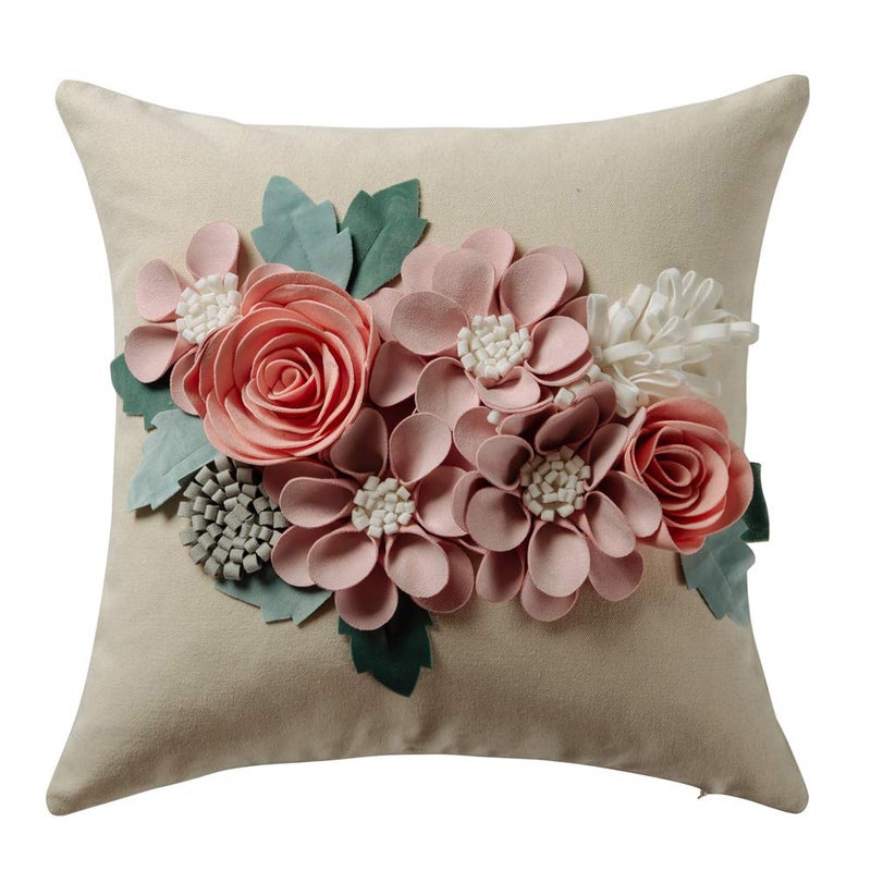 JWH Spring Flower Throw Pillow Cover Aesthetic Decorative Floral Accent Pillow Case Colorful Cushion Handmade Pillowcase Bed Living Room Couch Office 18x18 Inch Beige Pink - Image 1