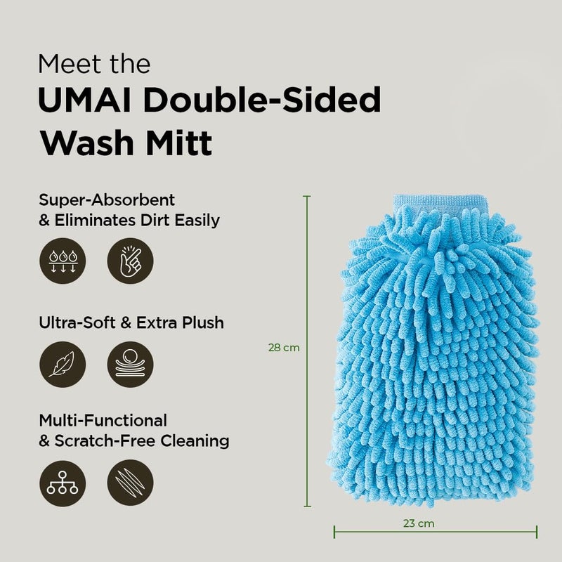 Umai قفاز غسيل شنيلي مزدوج الجوانب من UMAI ميكروفايبر 1000 GSM - ناعم للغاية، عالي الامتصاص، متعدد الاستخدامات وقفازات تنظيف مزدوجة الجوانب لتنظيف المنزل | تنظيف السيارات، النوافذ والمطبخ (أزرق، رمادي) - Image 2