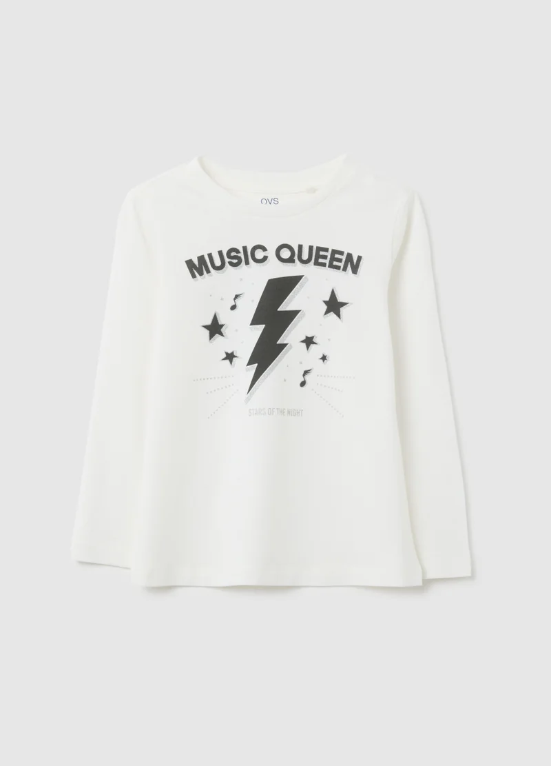 او في اس GIRLS' WHITE COTTON T-SHIRT, REGULAR FIT