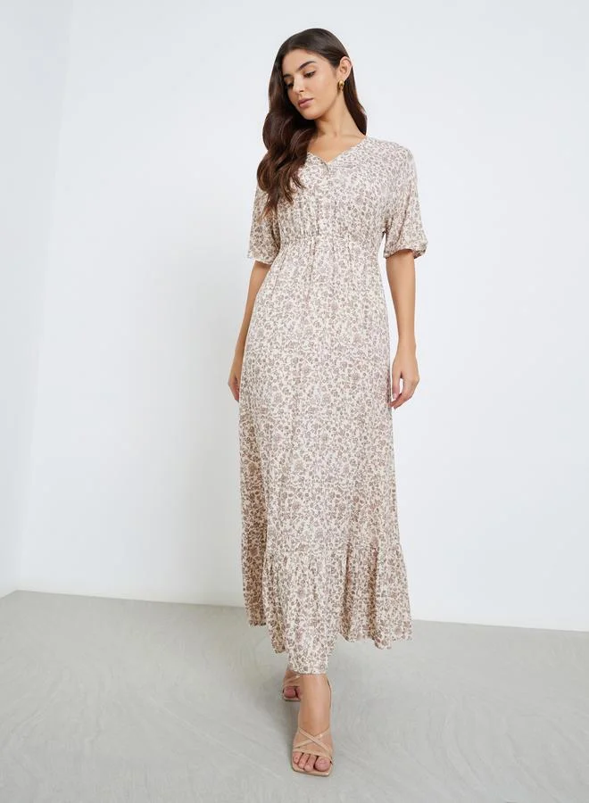 مكسيم كريشن Maxim Creation All Over Print V Neck Maxi Dress