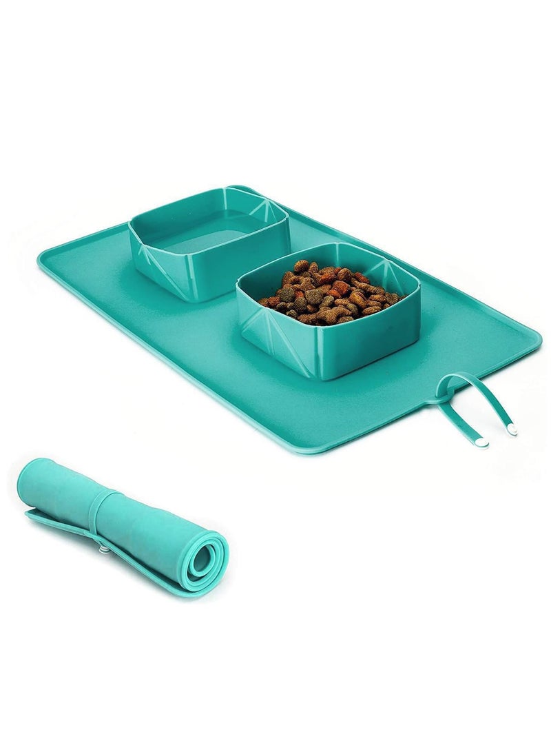 Pet Bowl-Silicone Folding Pet Bowl, Non-Slip Dog And Cat Double Bowl, Storage Bag Dog Bowl, Outdoor Pet Portable Folding Cat And Dog Bowl (Green) - Image 1
