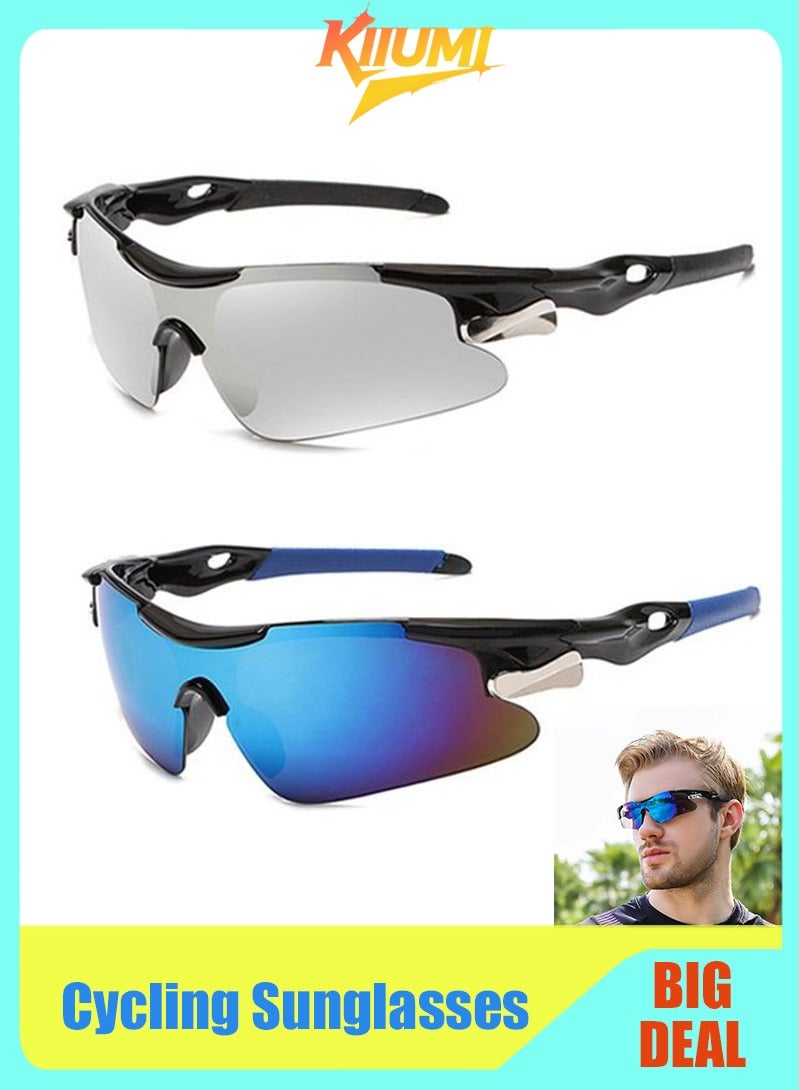 KIIUMI 2 Pcs Outdoor Sports UV Protection Half Frame Sunglasses, UV400 Polarized Cycling safety Sports Sunglasses, Windproof Goggles for Baseball Golf (Silver+Blue) - Image 1