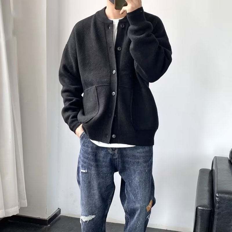 Japanese style wool cardigan mens spring and autumn Hong Kong style sweater round neck jacket simple loose thick sweater coat Black 