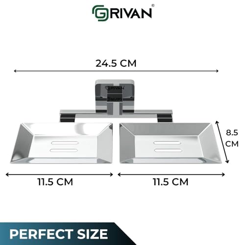 GRIVAN Stainless Steel Square Shape Double Soap Dish l Soap Case I Soap Holder I Soap Stand Corrosion Free Double Soap Holder with Chrome Finish (Silver, Pack of 1) - Image 2