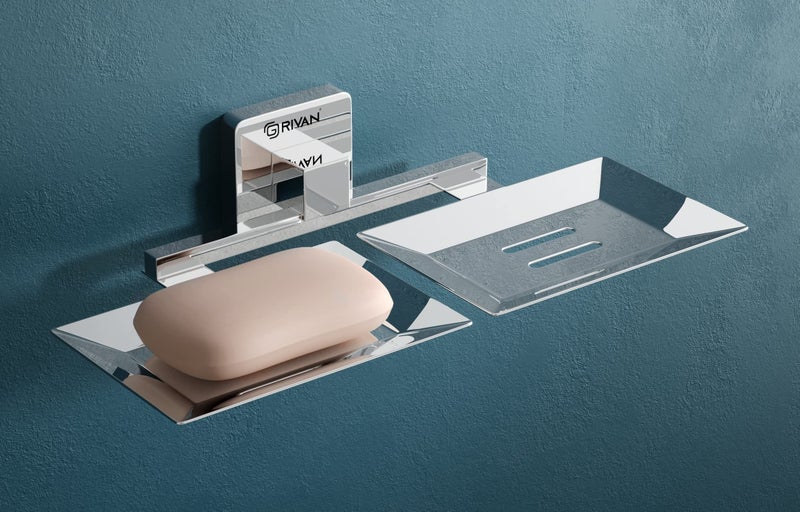 GRIVAN Stainless Steel Square Shape Double Soap Dish l Soap Case I Soap Holder I Soap Stand Corrosion Free Double Soap Holder with Chrome Finish (Silver, Pack of 1) - Image 1