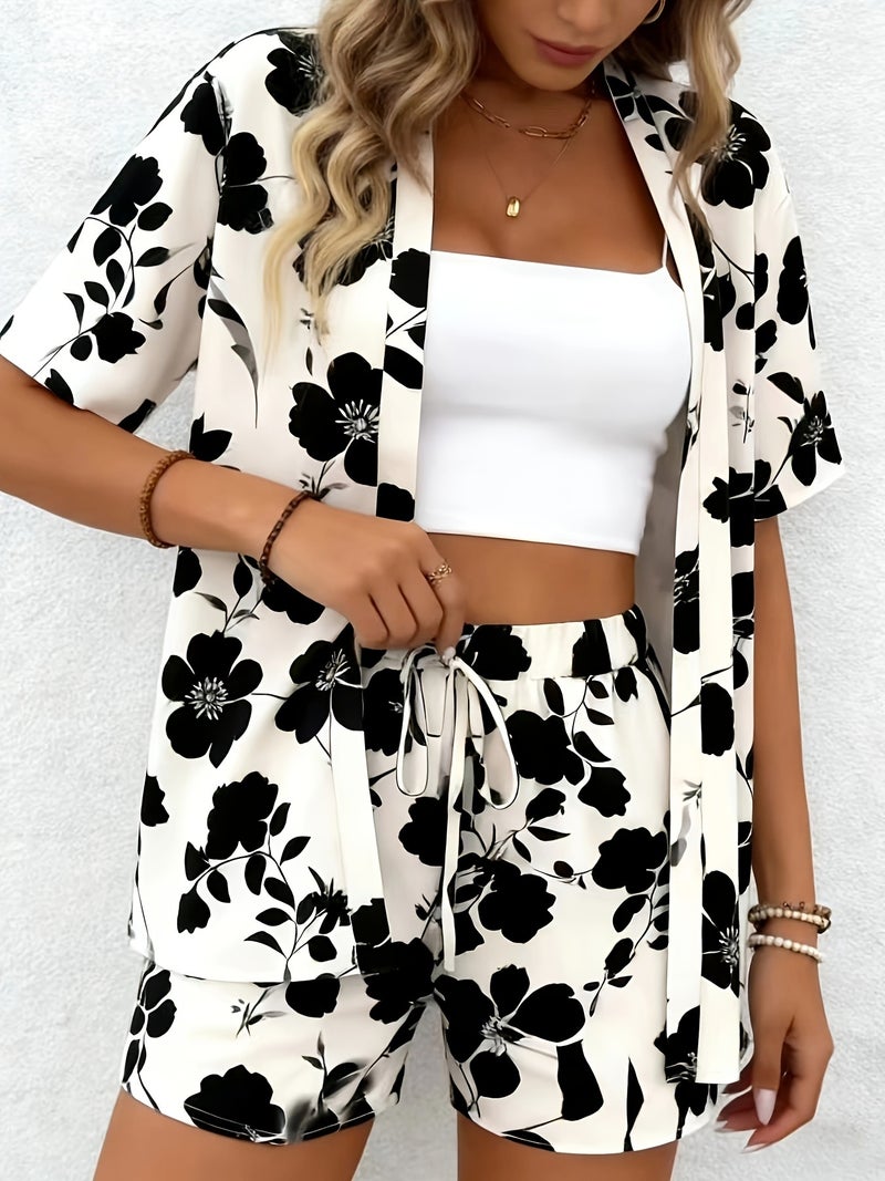 Vacation-style Geometric Print Short Set, Featuring a Front-open Short-sleeve Tunic and a Drawstring Loose-fit Shorts - Image 3