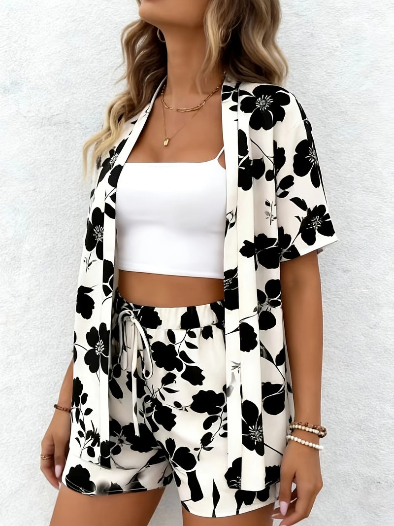 Vacation-style Geometric Print Short Set, Featuring a Front-open Short-sleeve Tunic and a Drawstring Loose-fit Shorts - Image 5
