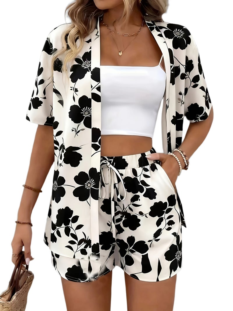 Vacation-style Geometric Print Short Set, Featuring a Front-open Short-sleeve Tunic and a Drawstring Loose-fit Shorts - Image 1