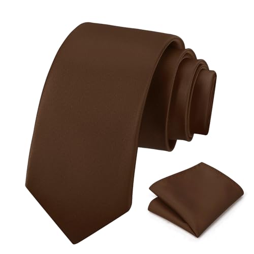 PenSee Men's Coffee Truffle Brown Tie Set Solid Pure Color 3.15" (8CM) Classic Formal Plain Necktie and Pocket Square Set For Men - Image 1