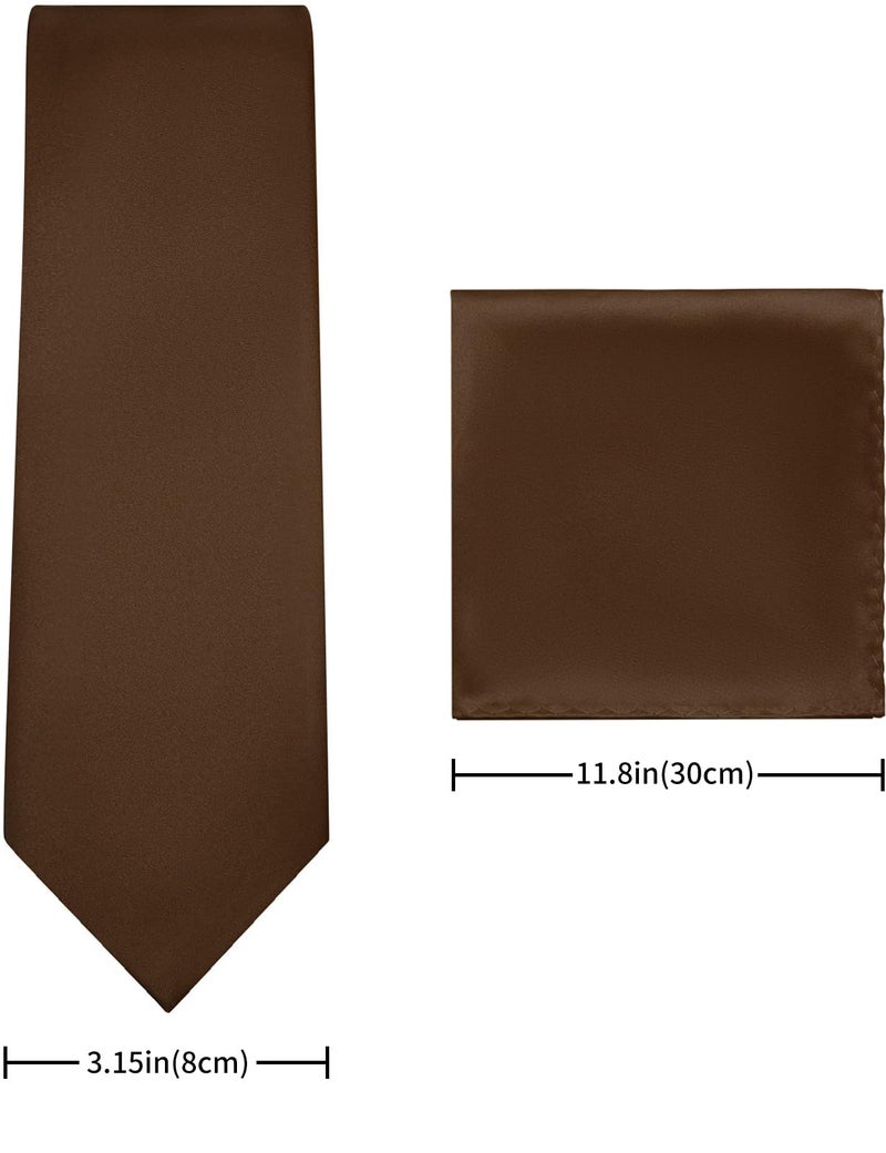 PenSee Men's Coffee Truffle Brown Tie Set Solid Pure Color 3.15" (8CM) Classic Formal Plain Necktie and Pocket Square Set For Men - Image 3