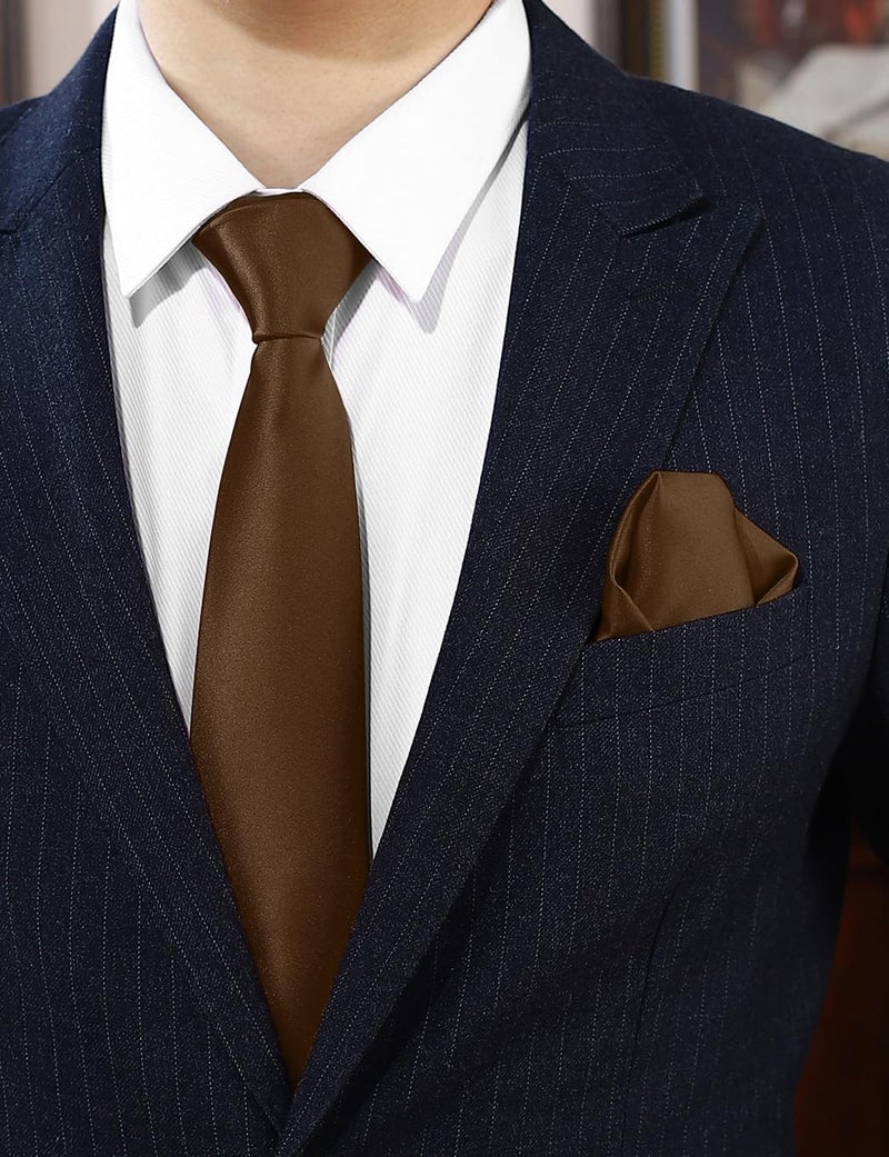 PenSee Men's Coffee Truffle Brown Tie Set Solid Pure Color 3.15" (8CM) Classic Formal Plain Necktie and Pocket Square Set For Men - Image 2