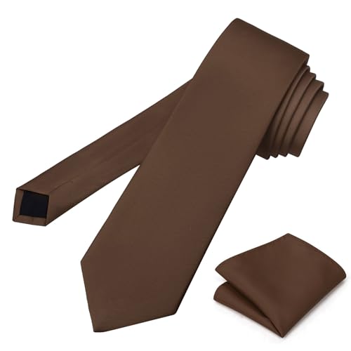 PenSee Men's Coffee Truffle Brown Tie Set Solid Pure Color 3.15" (8CM) Classic Formal Plain Necktie and Pocket Square Set For Men - Image 4