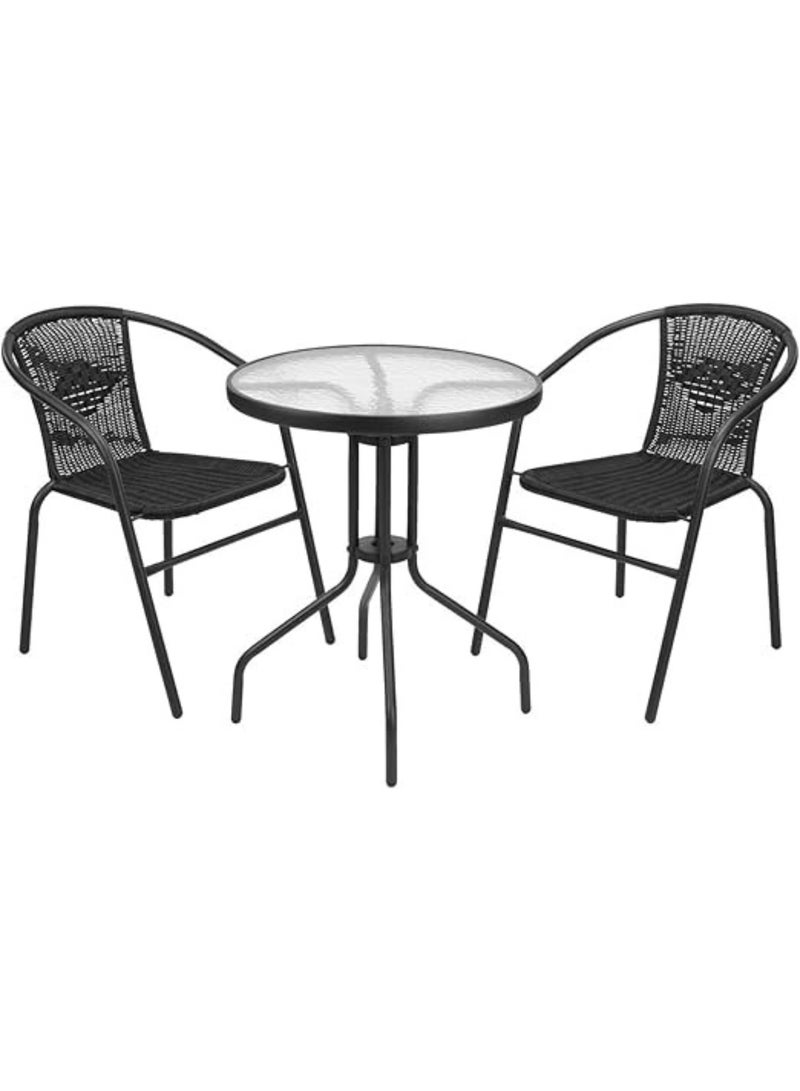 KUSTOMDECO Kustom Deco 3-Piece Bistro Set, Glass Top Round Table with 2 Rattan Wicker Chairs, Black - Image 1