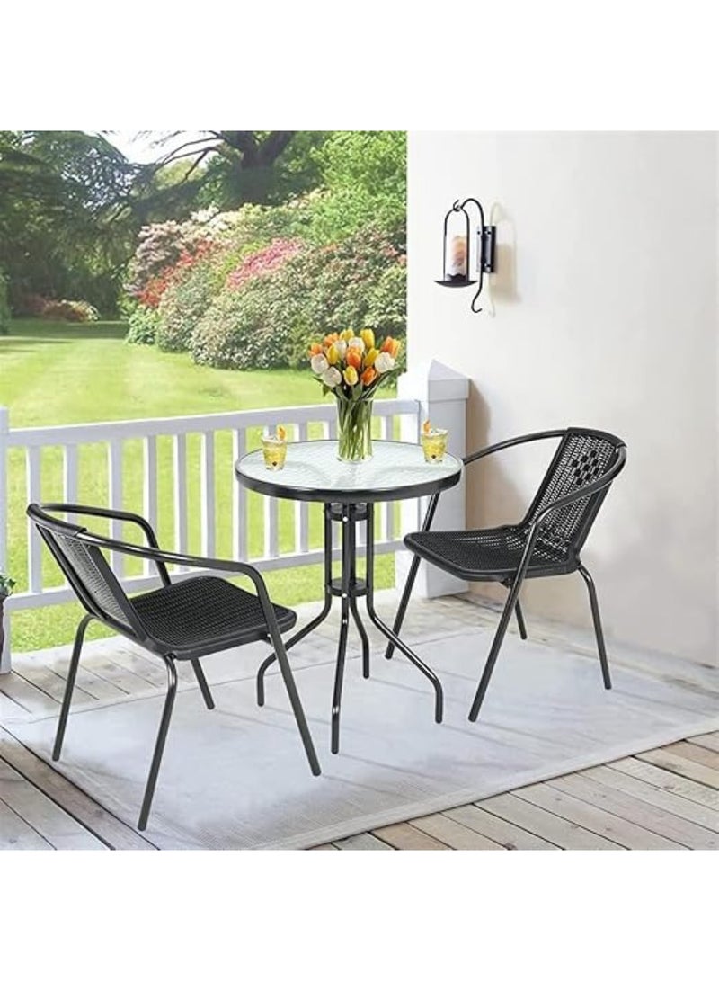 KUSTOMDECO Kustom Deco 3-Piece Bistro Set, Glass Top Round Table with 2 Rattan Wicker Chairs, Black - Image 3