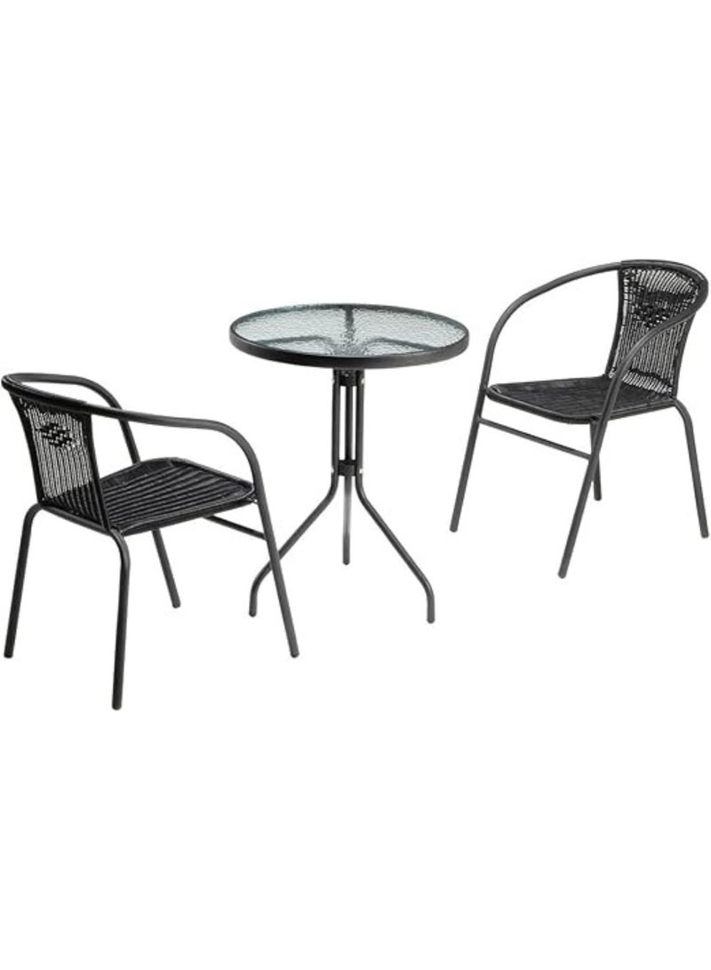 KUSTOMDECO Kustom Deco 3-Piece Bistro Set, Glass Top Round Table with 2 Rattan Wicker Chairs, Black - Image 4