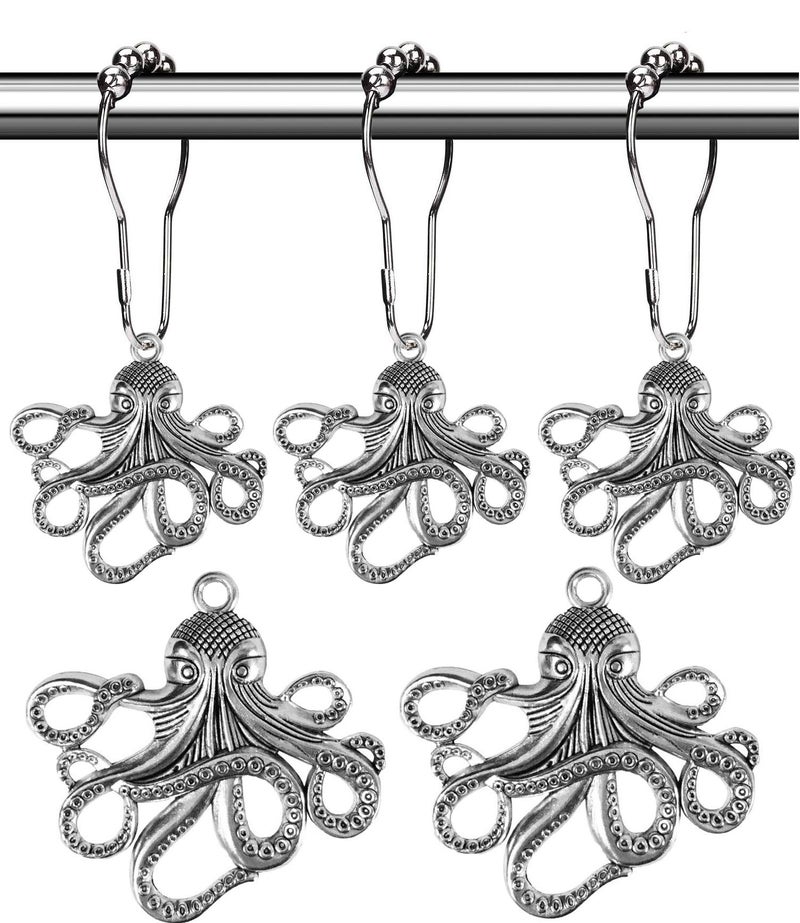 Aimoye Octopus Shower Curtain Hooks Rings  Silver Metal Shower Hooks for Shower Curtain Decorative Shower Hooks Shower Hanger Ocean Bathroom Accessories Set Tropical Sea Beach Theme Bathroom Decor