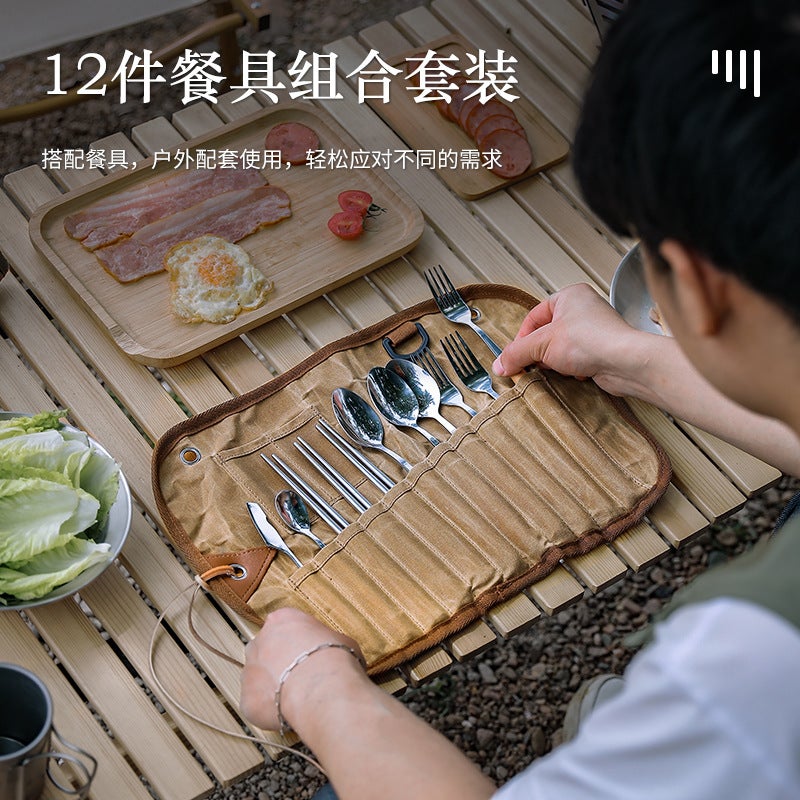 Outdoor Tableware Storage Bag For 3 People Tableware Set Storage Bag Stainless Steel Spoon Chopsticks Fork Waxed Canvas - Image 3