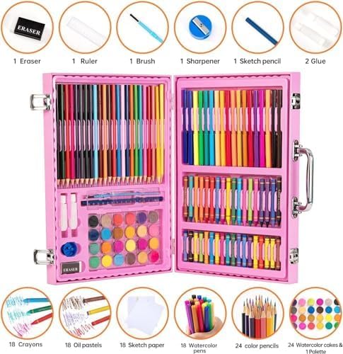 53 Arts 53ARTS Unicorn 128 Pcs Art Kit Portable Drawing Suitcase Box with Crayons, Oil Pastels, Colored Pencils, Watercolours Cake Case Combo, Birthday Gifts for Kids - Image 2