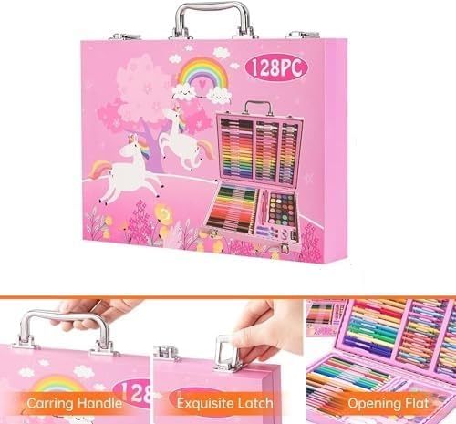 53 Arts 53ARTS Unicorn 128 Pcs Art Kit Portable Drawing Suitcase Box with Crayons, Oil Pastels, Colored Pencils, Watercolours Cake Case Combo, Birthday Gifts for Kids - Image 3