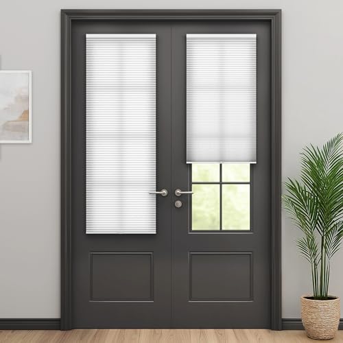 LazBlinds Cordless Cellular Shades for French Doors No Drill French Door Blinds for Privacy Light Filtering Honeycomb Shades for Front Door Patio Sliding Glass Door 1 Pack 18 W x 24 H White - Image 1