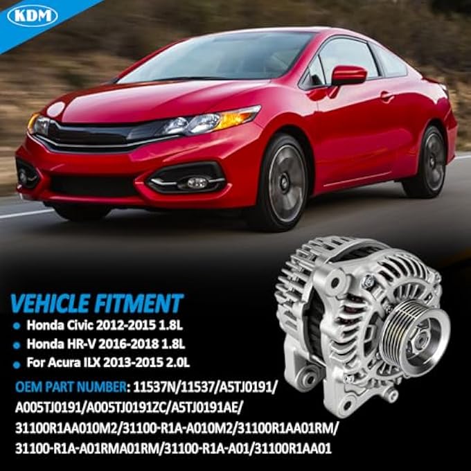 KDM Alternator Fit for Honda Civic 2012-2015 1.8L,HR-V 2016 2017 2018 1.8L,Acura ILX 2013 2014 2015 2.0L,12V 95A 6-Groove Pulley Clockwise,High Output Replacement 31100R1AA01 11537N - Image 2