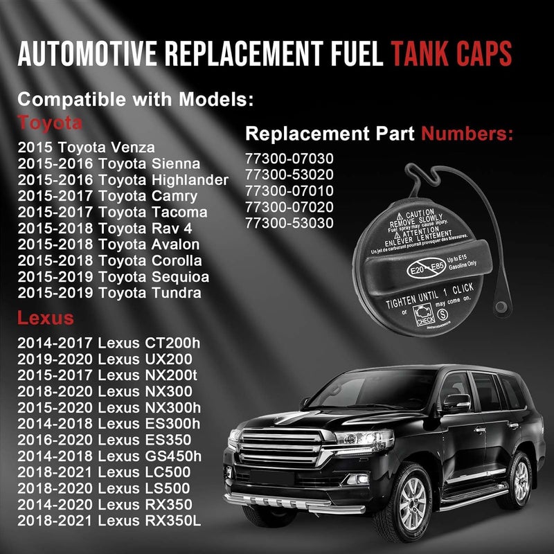 YITHSWAY Replace 77300-07030 77300-53030 Gas Cap,Fuel Cap Fits Toyota 2015 Venza 2015-2016 Highlander Sienna 2015-2017 Tacoma Camry 2015-2018 Rav 4 Corolla Avalon 2015-2019 Tundra Sequioa 77300-53020,More. - Image 2