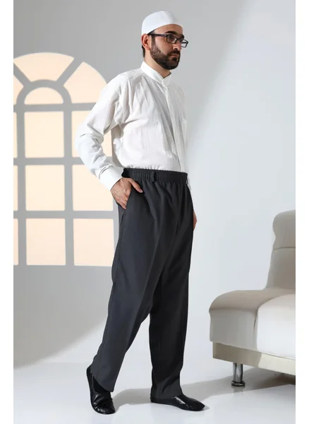 İhvan Online Men's Casual Cut Elastic Waist Pocket Hajj and Umrah Fabric Shalwar Trousers - Smoke (Isr)
