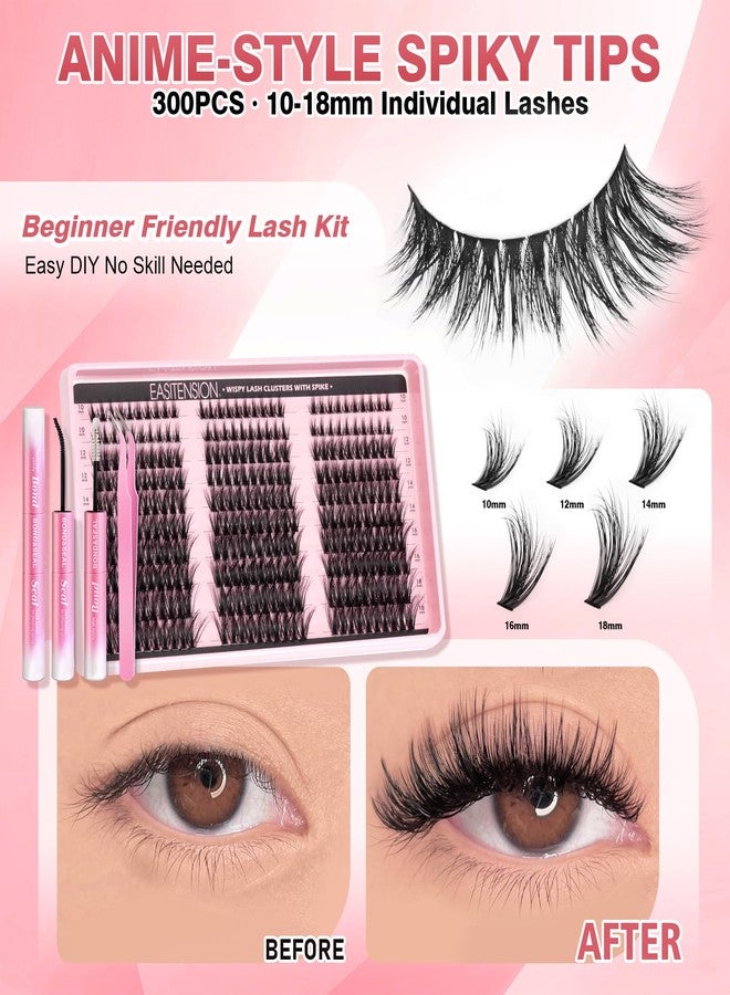 EASITENSION Manga Lash Clusters Kit with Spiky Anime Eyelash Extension Kit Volume Fairy Individual Lashes Clusters DIY Wispy Cluster Eyelash Extensions with Bond Seal Tweezers(10-18mm Kit 300PCS） (Manga Kit) - Image 3